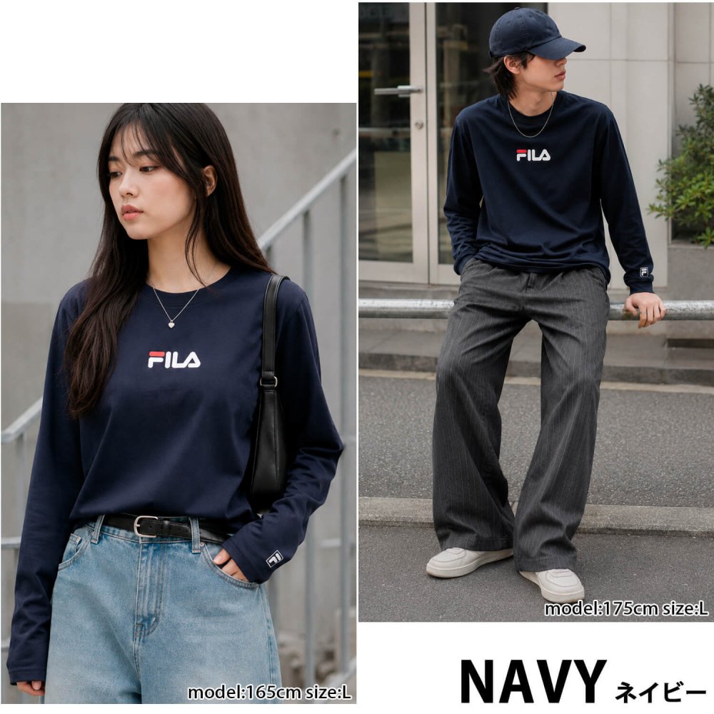  FILA フィラ Tシャツ メンズ 長袖 クルーネック 丸首 カットソー ロンT ブランド ロゴ プリント 無地 シンプル 綿混 おしゃれ  ゆったり 大きいサイズ  M L LL 3L 黒 白 紺 中学生 高校生 karlas