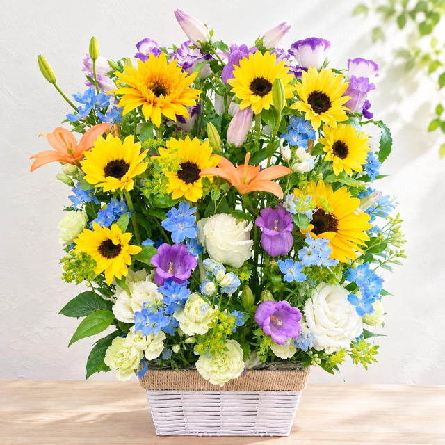 ご希望の色合いで選べる スクエアバスケットアレンジメント 高さ45cm 生花 フラワーアレンジメント 花ギフト フラワーギフト 誕生日 お祝い お見舞い 送別 季節行事 お供え お悔やみ 最短発送 送料無料【北海道・沖縄・九州・四国・中国・離島は配送不可】