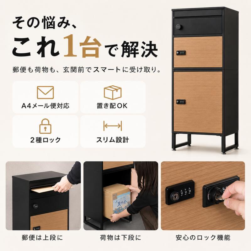 宅配ボックス ポスト一体型 2段 複数受取 3ボックス スリム 幅45cm 大容量 一戸建て用 置き型 宅配ポスト 郵便受け ダイヤル錠 鍵付き 印鑑ケース メッセージプレート 通気口 アジャスター ブラック 木目 おしゃれ