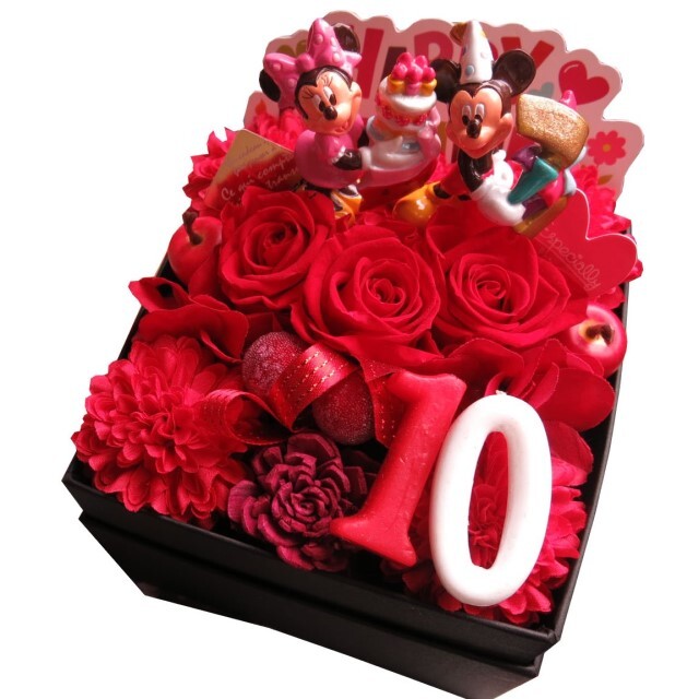 20周年 お祝い 20歳 誕生日プレゼント ミッキー ミニー 花束風ボックスギフト ご希望数字入りプレゼント 箱を開けてサプライズ 赤バラ プリザーブドフラワー入り