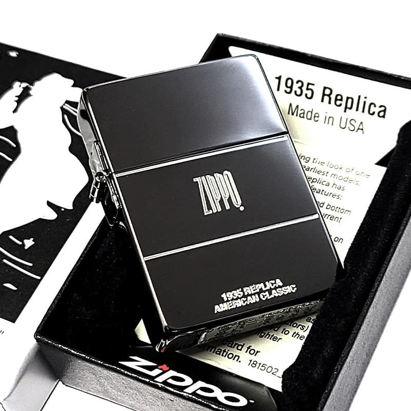 ZIPPO ライター 1935 クラシックロゴ ジッポ ブラックニッケル 黒 角型 外ヒンジ 3バレル エッチング彫刻 銀差し シンプル かっこいい 高級 ギフト メンズ プレゼント