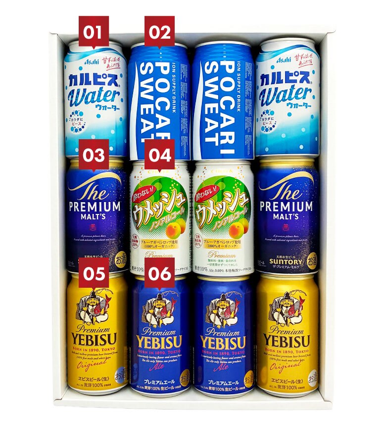  エビスビール、ノンアルコールウメッシュ入り プレミアムビール・ジュース 飲み比べ ファミリーギフト 12本セット ビール 6本 詰め合わせギフト 誕生日プレゼント 奉献 お供え 出産 お祝い 内祝い お返し 送料無料対象外地域有【包装済】