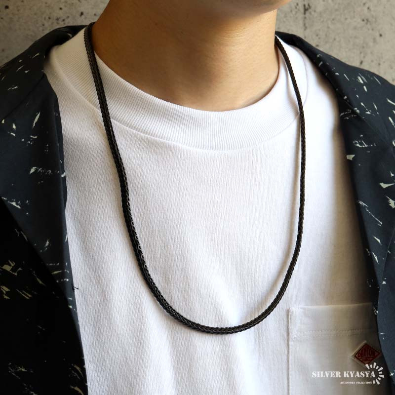 ステンレス 幅4mm フォックステールチェーンネックレス 3カラー メンズ ウィート 中折れ式 留め具 ブラック 腕輪 アクセサリー 角張ったデザイン 編み込み風 立体感 シャープ クール 大人 カジュアル モード 金属アレルギー対応