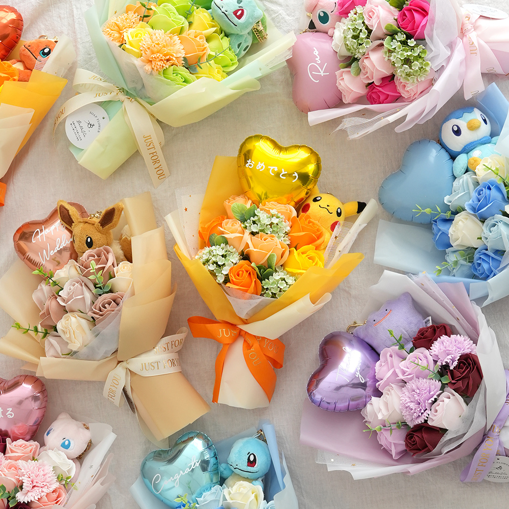ポケットモンスター ソープフラワーバルーンブーケ｜誕生日 発表会 卒園祝い 入園祝い 卒業祝い 入学祝い 男の子 女の子 子どもポケモン ピカチュウ イーブイ メタモン フシギダネ ヒトカゲ ゼニガメ ポッチャマ プリン ミュウ ぬいぐるみ マスコット 花束 メッセージ入り プレゼント ギフト 贈り物 お祝い