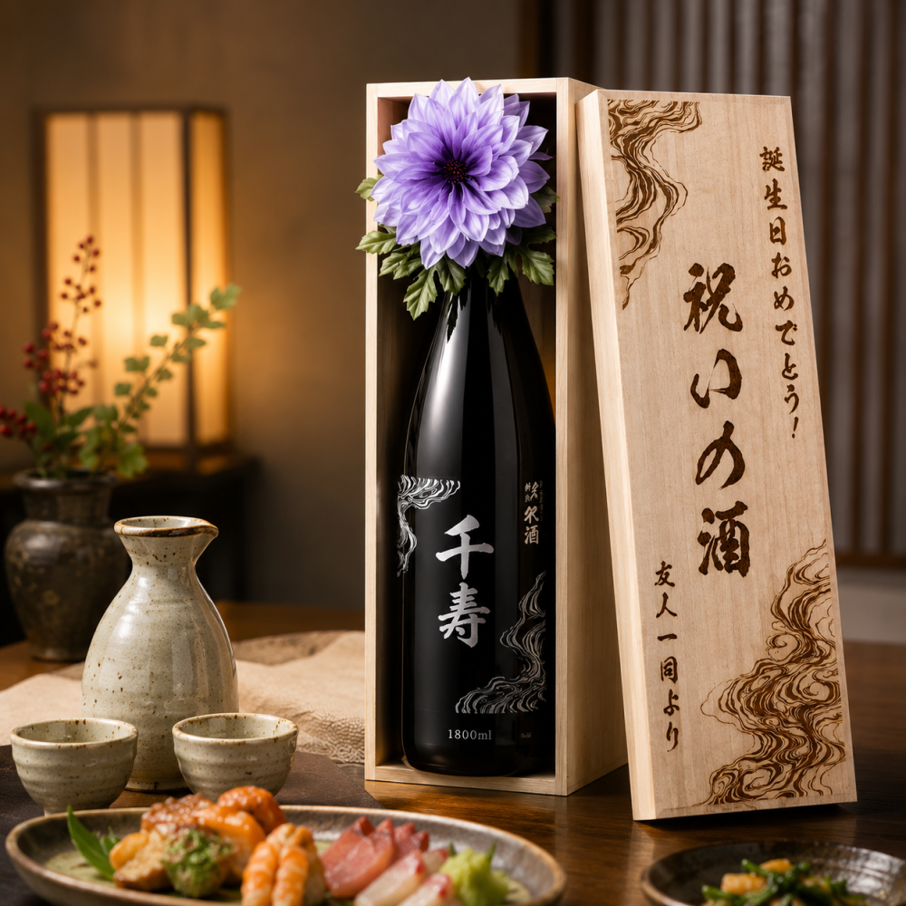 敬老の日 退職 名入れ SXX 酒 朝日酒造 久保田 千寿 吟醸 1800ml コサージュ付 木箱入り / プレゼント ギフト 退職 記念 誕生日 還暦 古希 傘寿 米寿 緑寿 早寿 長寿 祝い 男性 上司 一升瓶