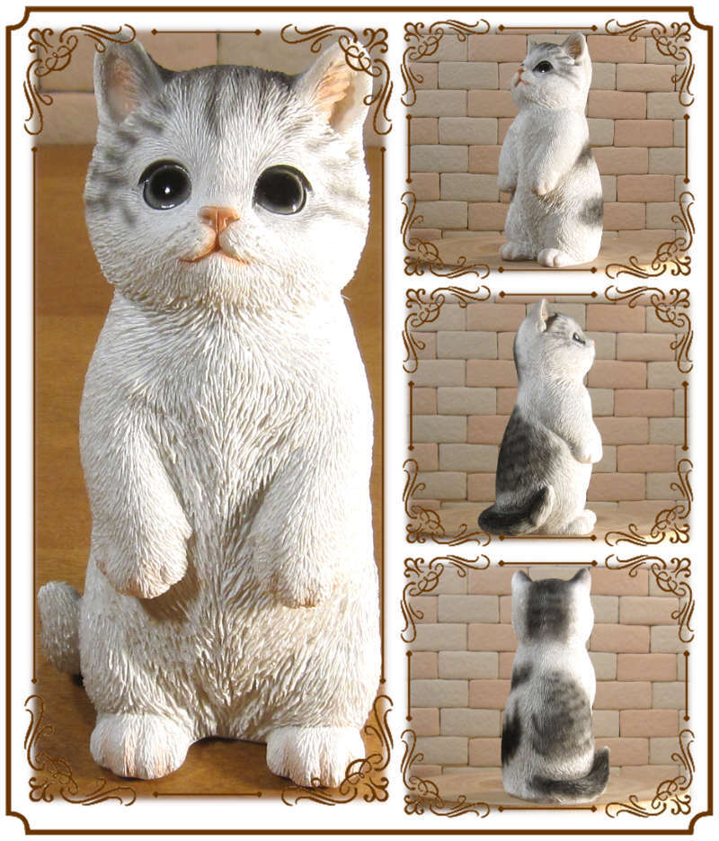 猫　置物 リアル　シンお願いキャット　４　ホワイト＆グレー　ネコ　動物オブジェ　ガーデン　オーナメント　店舗　カウンター　装飾　オブジェ　インテリア　玄関先　庭　ねこ好きさん人気ギフト　動物人気ギフト　クリスマスプレゼント　お誕生日祝い　母の日人気　父の日人気　敬老の日人気