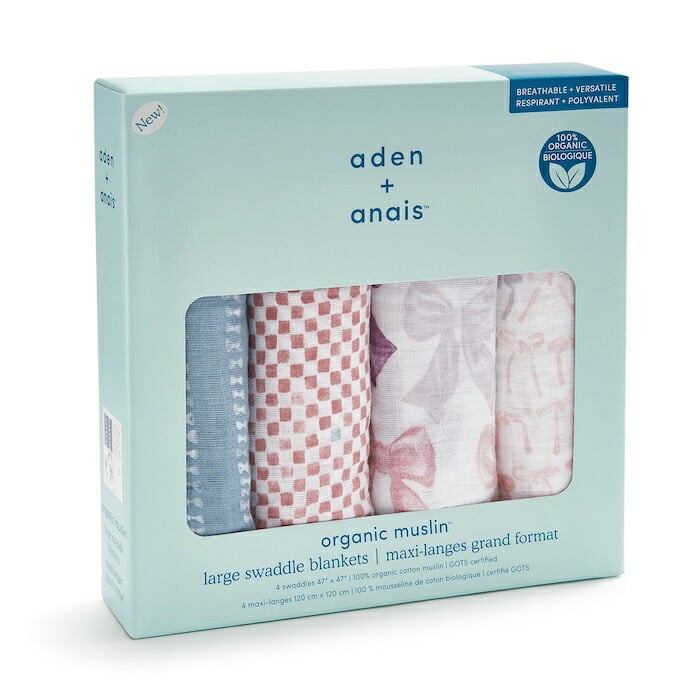 おくるみ スワドル 4枚セット 出産祝い aden+anais エイデンアンドアネイ リボン オーガニックコットン100% GOTS認証 コットンモスリン ダブルガーゼ 大判 約120cm 新生児 退院 内祝い 出産内祝い 女の子 ギフト 専用ボックス入り ガーゼケット ブランケット 授乳ケープ 双子