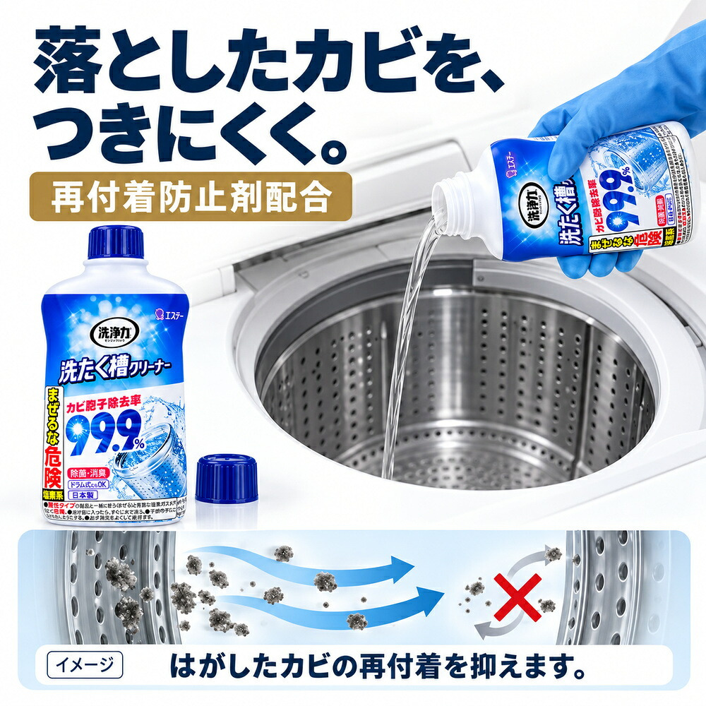 カビ胞子除去率99.9％ 洗たく槽クリーナー 550g 洗濯槽クリーナー 液体タイプ 日本製 ドラム式 縦型 黒カビ 除菌 消臭 生乾き臭 生乾き 入れるだけ ステンレス槽 プラスチック槽