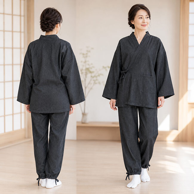 作務衣 デニム デニム作務衣 女性 PO-110 M/L レディース さむえ おしゃれ部屋着 ユニフォーム 通年  小さいサイズ 無地 紺 黒 青 春 秋 冬