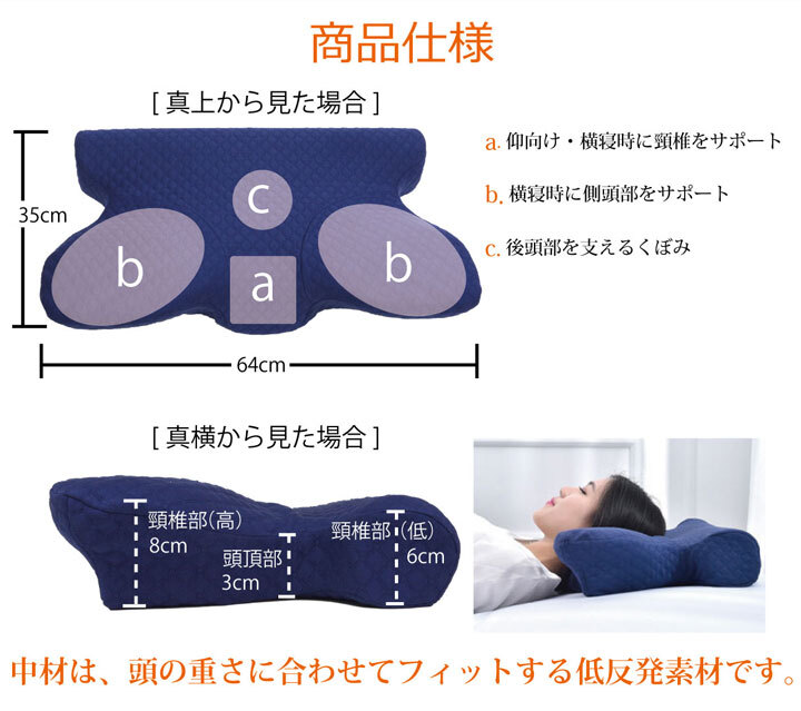 ピロー 枕 洗える 低反発 いびき解消 約64×35 いびき軽減できる低反発枕 ポリエステル ウレタン まくら 枕寝具 寝具用品 寝室用 寝室用品 インテリア ウレタンフォーム 手洗い ネイビー