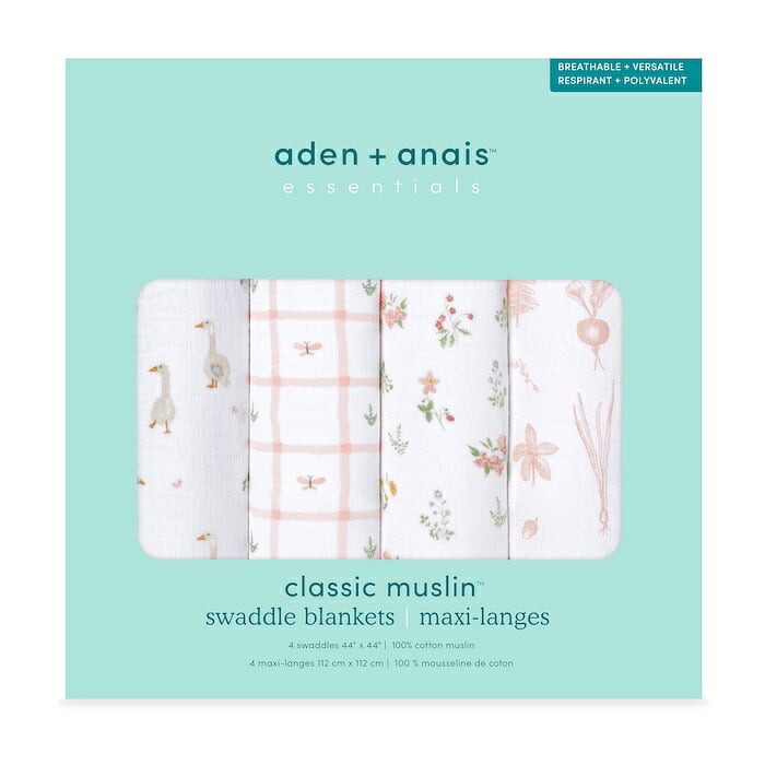 おくるみ スワドル 4枚セット 出産祝い aden+anais エイデンアンドアネイ カントリーフローラル コットンモスリン ダブルガーゼ 大判 約112cm 新生児 退院 内祝い 出産内祝い 女の子 ギフト 専用ボックス入り ガーゼケット ブランケット 授乳ケープ おむつ替えシート 双子