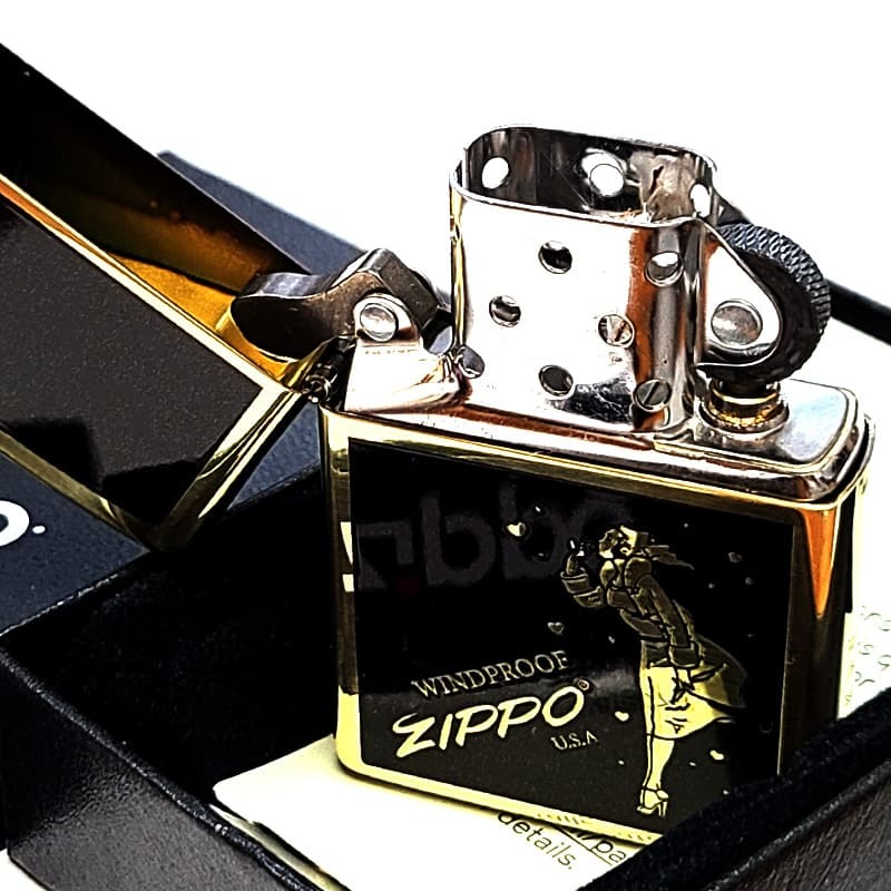 ZIPPO ウインディハート ブラス×ブラック ジッポ Windy ライター メンズ 両面プリント加工 おしゃれ ギフト 金 メンズ プレゼント Heart 黒 ウインディ かっこいい オイルライター レディース