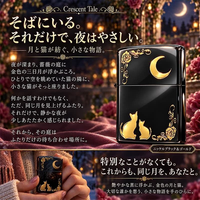 ZIPPO ライター ネコ ブラック ゴールド ジッポ 猫 可愛い 黒金 月 薔薇 女性 レディース ねこ かわいい おしゃれ バラ ギフト プレゼント