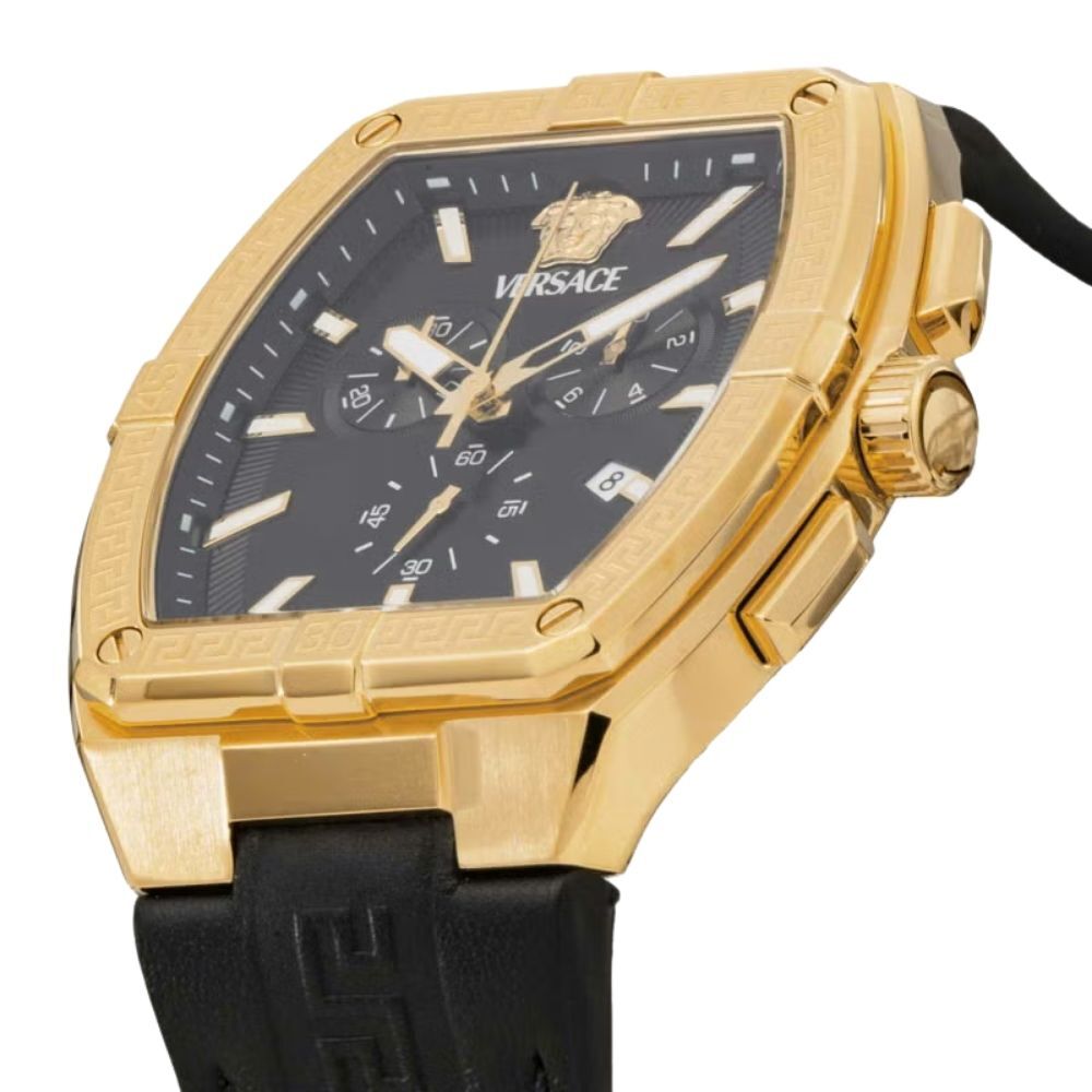 ヴェルサーチェ 腕時計 メンズ ゴールド ブラック クロノグラフ 44mm VERSACE SPORTY TONNEAU GRECA スポーティ トノー グレカ 黒 レザー 革ベルト スイス製 高級 ブランド おしゃれ プレゼント ギフト 卒業 入学 お祝い