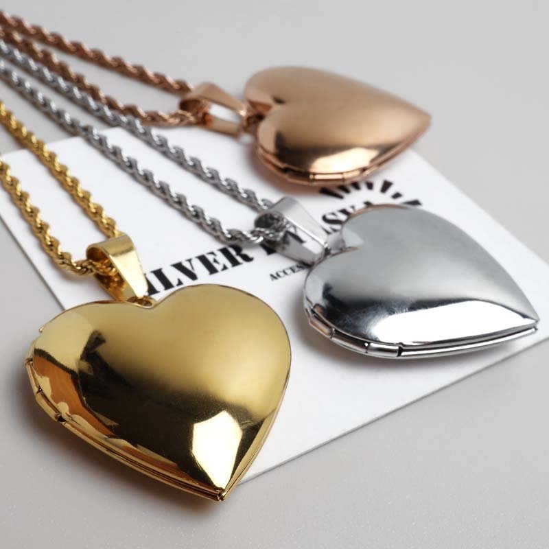 ステンレス ロケットネックレス ロケットペンダント ハートネックレス 写真 記念 思い出 ハワイアンネックレス ロープチェーン ゴールドネックレス 18KGP ピンク シルバー ツイストチェーン 男女兼用 金属アレルギー対応
