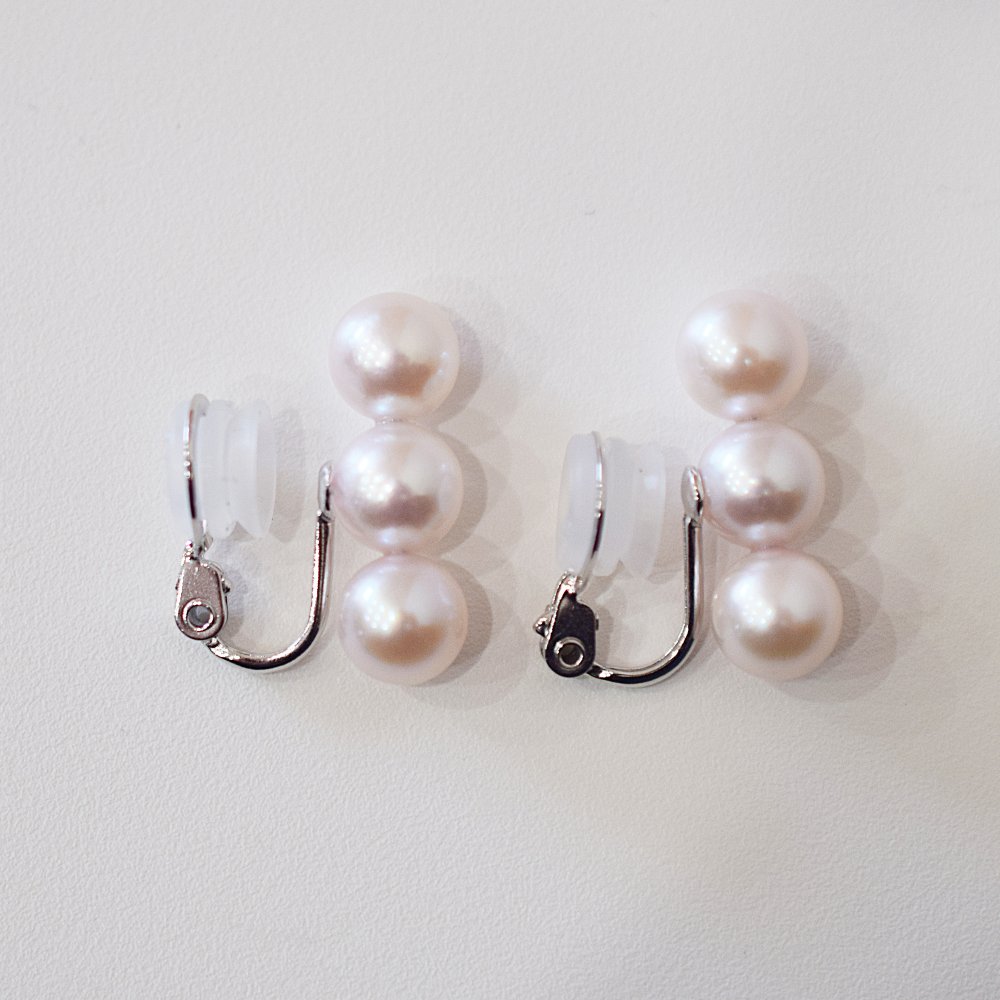 ［pearl616］ 7.5mm - 8mm ホワイトピンク 3連 イヤリング あこや真珠 本真珠 熊本 天草 真珠