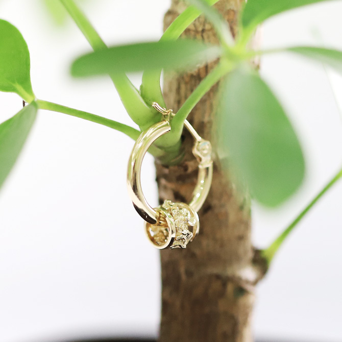 ハワイアンジュエリー フープピアス ピアス イエローゴールド ピアス 外径15mm クロッシングピアス ハイビスカス 透かし バレル 樽 ゴールド 揺れる 片耳(1個)購入可 K14イエローゴールド 14K 20G ゲージ BY THE SEA バイザシー プレゼント ハロウィン 【品番：GE222】