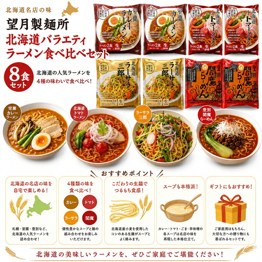 メーカー直送 望月製麺所 北海道バラエティラーメン食べ比べセット（8食）FNO3  26-6019-17 贈答品 自宅用 プレゼント 人気  お誕生日 北海道発祥のラーメンサラダや登別の閻魔ラーメン等北海道胃の個性豊かなラーメンセット