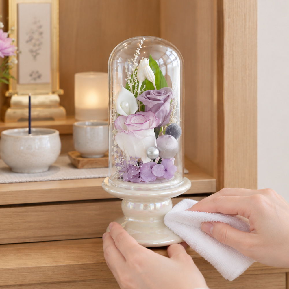☆プリザーブドフラワー お供え花 ガラスドーム仏花 ローズメモリー☆ プリザーブドフラワー お供え花 仏花 ガラスドーム仏花 プリザーブドフラワー 仏花 お供え プリザーブドフラワー ローズ バラ ピンク ラベンダー パープル 枯れない仏花 水替え不要 お手入れ簡単 ギフト プレゼント