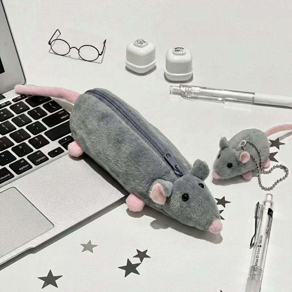 ネズミ ペンケース ぬいぐるみ ふわふわ アニマル 筆箱 メガネ付き かわいい 文房具 小物入れ ペンポーチ 学生 男の子 女の子 持ち運び プレゼント ギフト