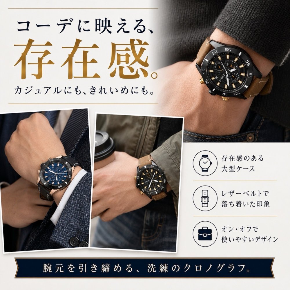 腕時計 メンズ 20代 30代 40代 50代 RUIMAS クロノグラフ クォーツ 黒革ベルト