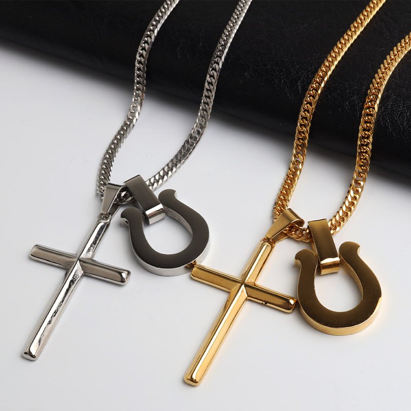 ステンレス 馬蹄ネックレス クロスネックレス ペンダント ホースシュー メタル ダブル喜平 細身 シンプル ゴールド シルバー 十字架 お洒落 かっこいい メンズ 男性 金属アレルギー対応