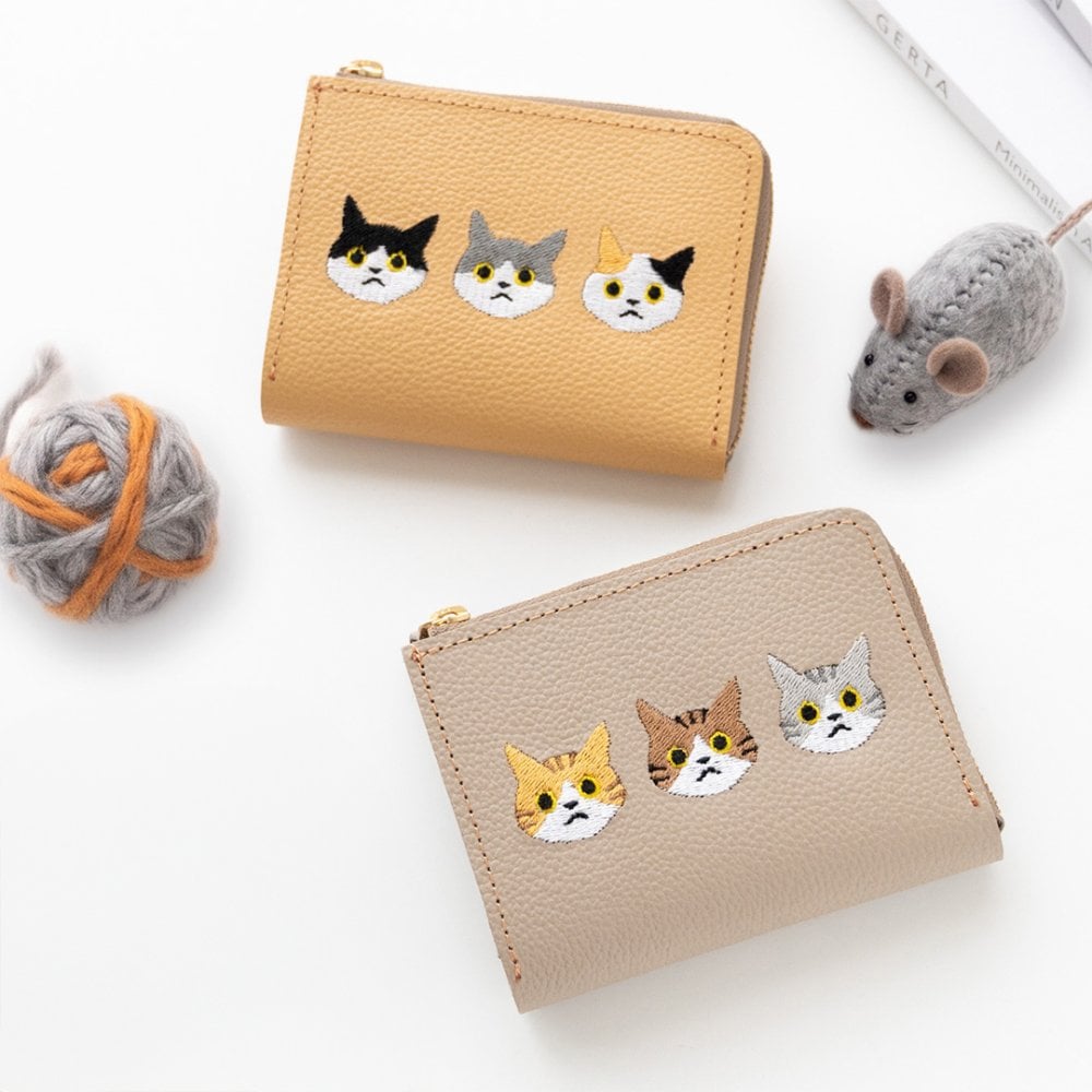送料無料 BOX型コインケース付き L字ウォレット 【 3匹の猫 】 刺繍 本革 ミニ財布 ギフト