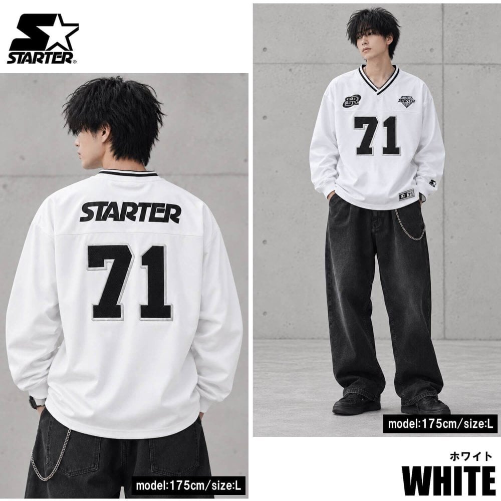 STARTER スターター ゲームシャツ メンズ レディース sbm-6260 長袖 Vネック ジャージ  ワッペン ロゴ 刺繍  オーバーサイズ ゆったり ストリート ヒップホップ ダンス M L XL 2026FW Karlas