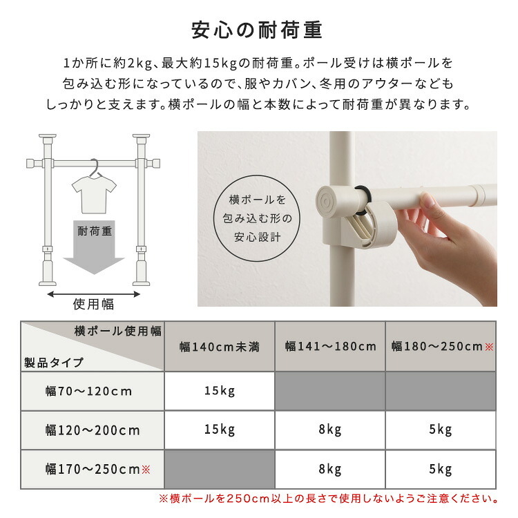 収納家具 ラック つっぱりハンガー １段 幅200cm