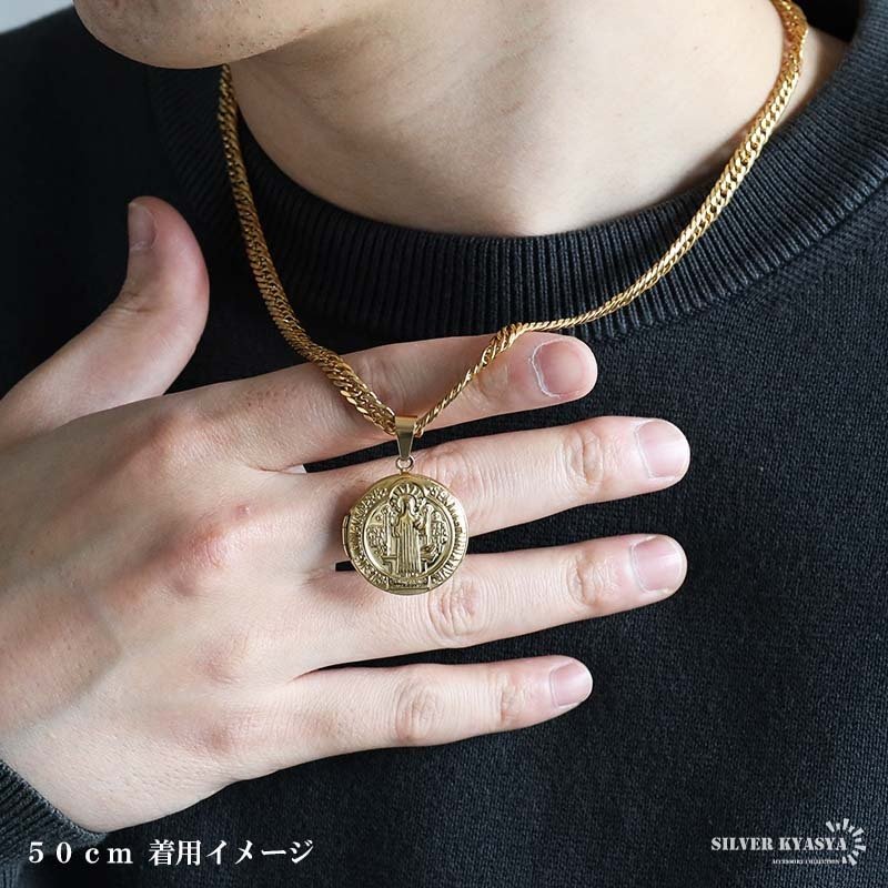 ステンレス ロケットネックレス HIPHOP ダブル喜平チェーンネックレス ロケットペンダント 写真 記念 思い出 50cm 60cm ゴールドネックレス 18KGP シルバー 聖ベネディクト 6面カット メンズ 男性 金属アレルギー対応