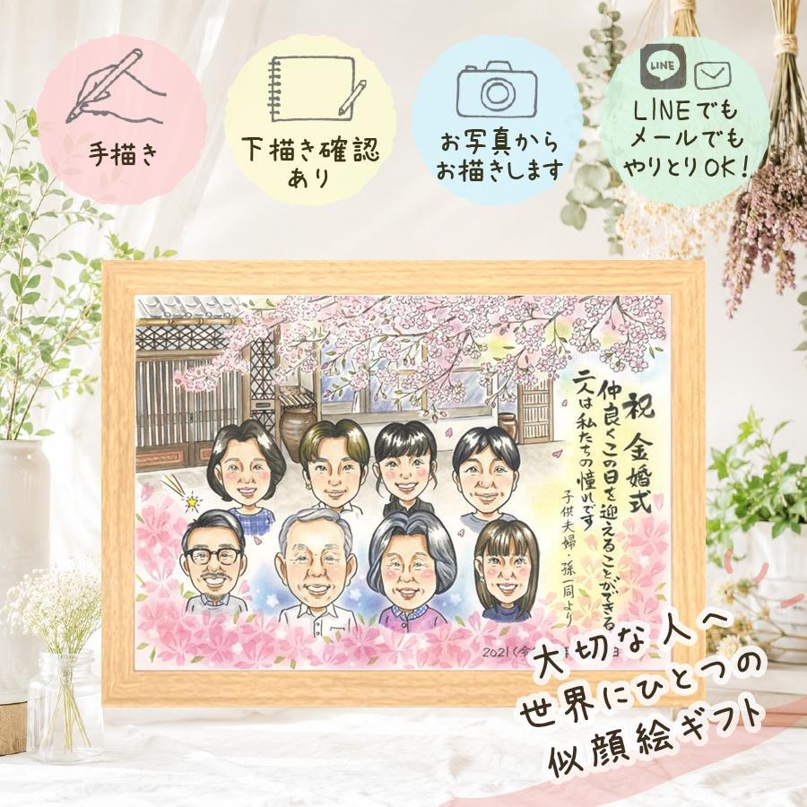 似顔絵 金婚式 贈り物 名入れ ギフト プレゼント 手描き 金婚式 結婚50周年 結婚記念日 記念日 お祝い 大人数 祖父母 家族 両親 お母さん お父さん 夫婦 修正無料 名入れ 下書き確認 サプライズ かわいい 似てる 一生もの 感謝 50周年 思い出 長寿 ウェディングギフト 喜寿祝い 応援 カラフル ブライダルギフト イラスト オーダーメイド 披露宴