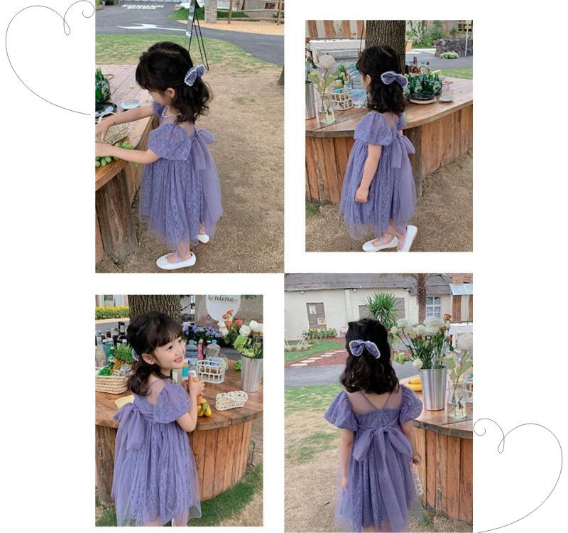 子供ドレス ワンピース フォーマルドレス パープル ベージュ レース チュール パール パフスリーブ 膝丈 ミディアム シンプル リボン 結婚式 お呼ばれ 誕生日　ピアノ発表会　発表会 パーティ 90 100 110 120 130 140 150