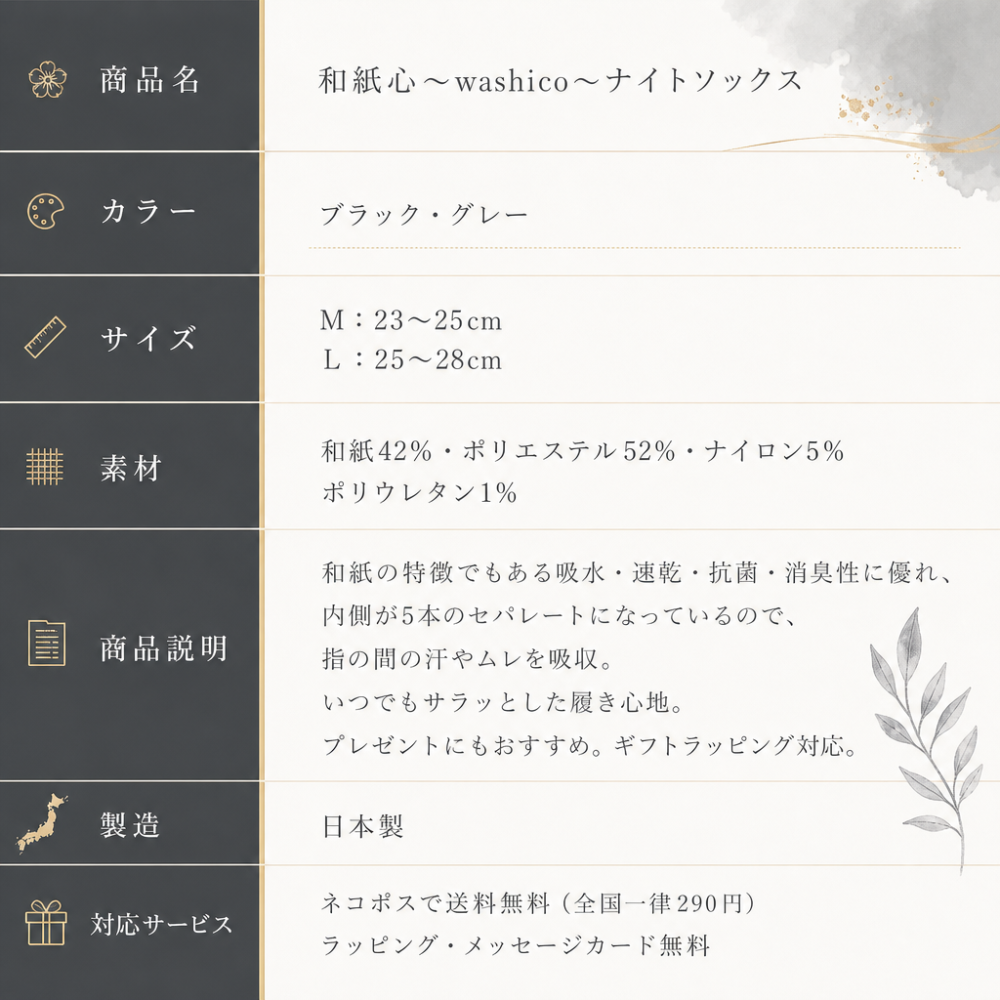【ギフトラッピング無料】ムレない和紙糸からできた靴下「和紙心～washico～ ナイトソックス」 吸水・速乾性、抗菌・消臭性が良く、内側が5本のセパレートになっているから指の間の汗やムレも吸収。いつでもサラッとした履き心地【日本製 】