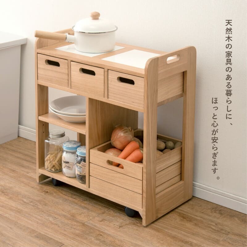 食器棚 キッチン収納 キッチンワゴン 木製 完成品 キャスター付き 天然木 高さ62cm コンパクト 天板タイル付 キッチンラック ダイニングワゴン 収納 調理台 おしゃれ タイル張り 天板 キャビネット 収納家具 キッチンボード 新生活