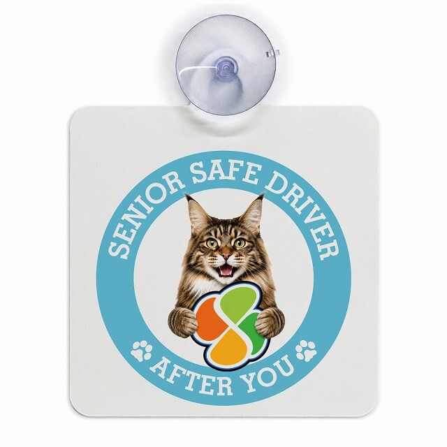 カーサイン 高齢者マーク SENIOR SAFE DRIVER メインクーン 車内用 吸盤タイプ 収れん火災防止タイプ 肉球 日本製 車 ステッカー