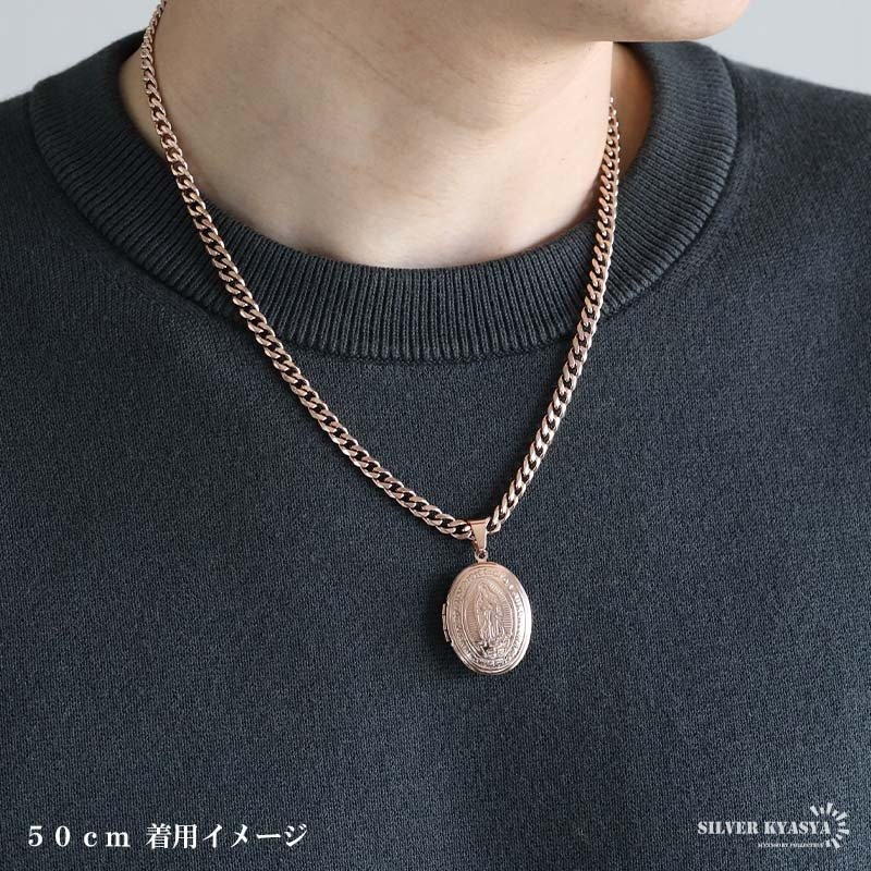 ステンレス ロケットネックレス HIPHOP 喜平チェーンネックレス ロケットペンダント マリアネックレス 写真 記念 思い出 50cm 60cm ピンク 6面カット 聖母 メンズ 男性 金属アレルギー対応