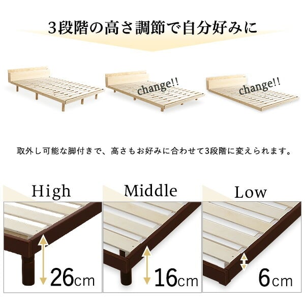 ベッド 寝具 すのこ ダブル フレーム 宮付き コンセント付き 高さ調節 天然木 パイン材 収納 北欧 おしゃれ 木製 木目 頑丈 組み立て簡単 代引不可 送料無料