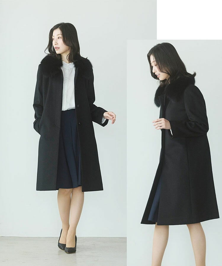 コート レディース カシミヤ 100% ロング ゆったり 大きめ きれいめ 大きいサイズ ミセス フォックス ファー カシミヤコート ロングコート ステンカラーコート ロング丈 フォーマル 黒 襟 秋 冬 冠婚葬祭 ギフト プレゼント 6F (02000038r)