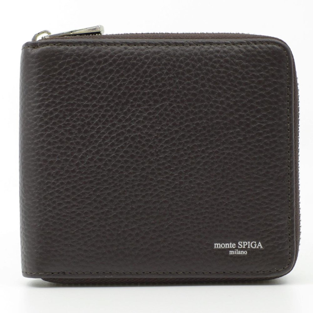 モンテスピガ　monte SPIGA　ラウンドファスナー二つ折り財布　MOSMSP701DBR　ダークブラウン　濃茶　シュリンクレザー　牛革　ジップアラウンド ウォレット