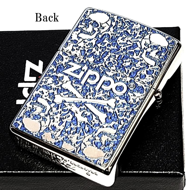 ZIPPO スカル 細密メタル シルバー＆ブルー ジッポ ライター 両面加工 彫刻 かっこいい ドクロ 裏面柄違い ガイコツ おしゃれ 青 メンズ プレゼント ギフト