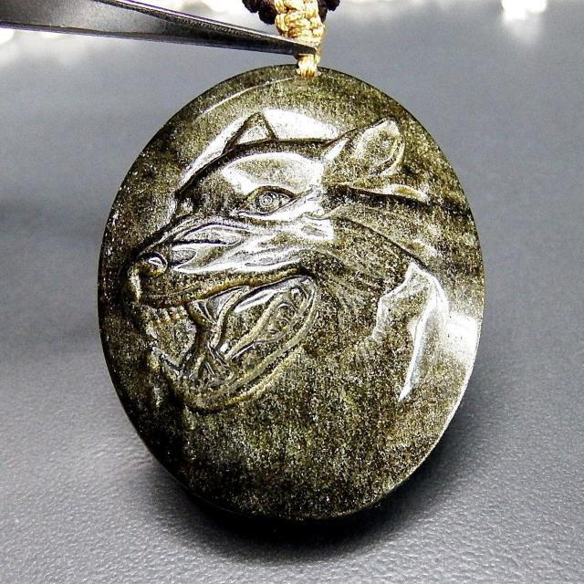 超迫力AAAゴールドオブシディアン狼頭彫刻品天然石高級木綿紐ネックレス