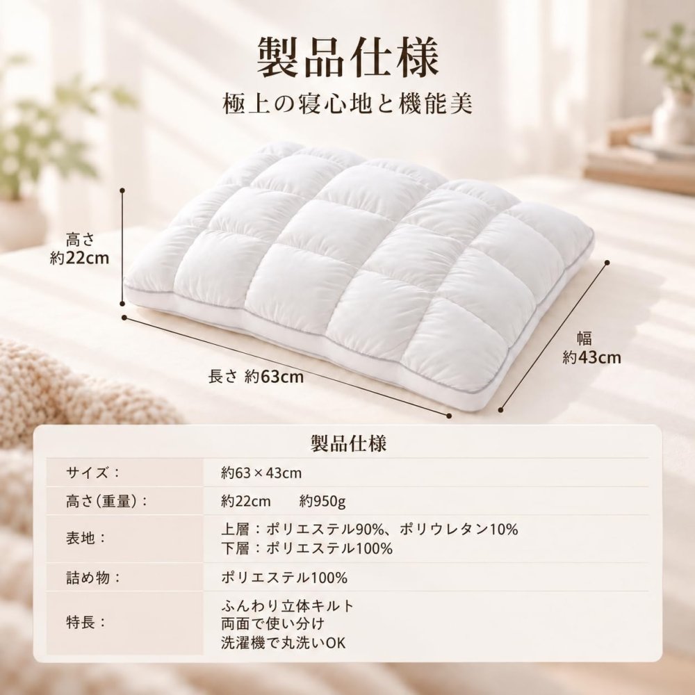 Nekara 枕 まくら ホテル仕様 両面仕様 柔らかめ 寝心地 横向き寝・仰向け寝・うつ伏せ寝対応 高反発の支え感 撥水・防汚加工生地 丸洗いOK 快眠枕 63×43cm