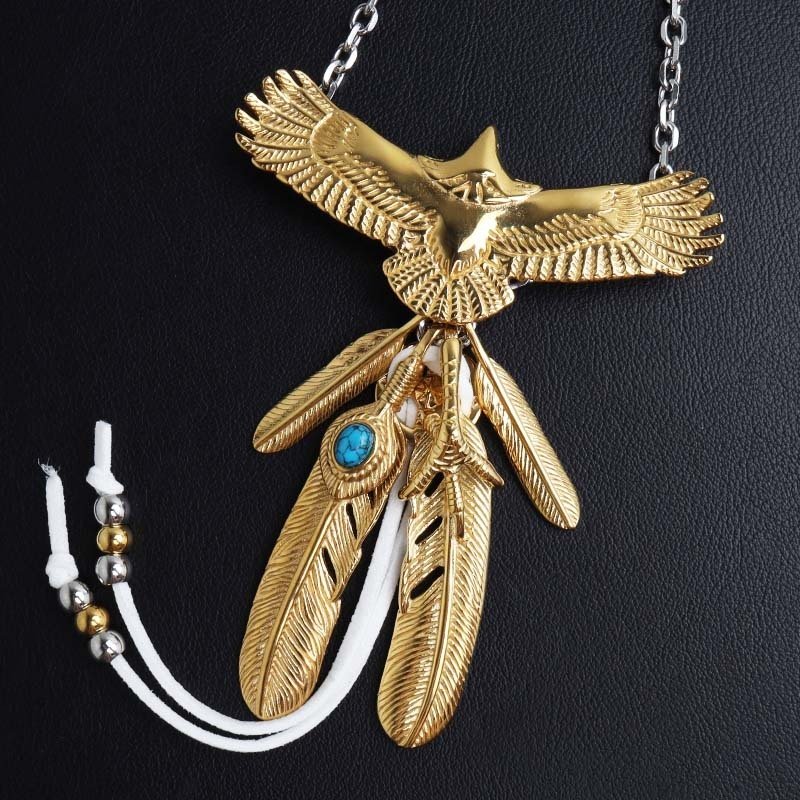 ステンレス ゴールド 特大イーグルネックレス フェザーネックレス インディアンジュエリー ペンダントネックレス メンズネックレス 18KGP 太角 あずきチェーン 細身 羽根 精巧 立体的 かっこいい 男性 金属アレルギー対応