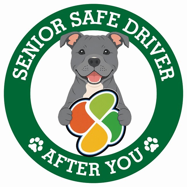 カーサイン 高齢者マーク SENIOR SAFE DRIVER スタッフォードシャーブルテリア ステッカー シール 直径13cm 肉球 日本製 車