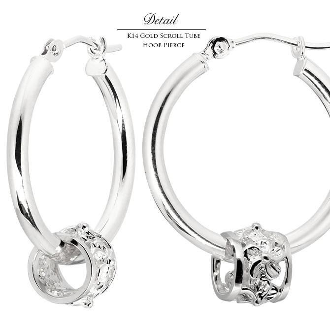 ハワイアンジュエリー フープピアス ピアス ホワイトゴールド ピアス 外径20mm クロッシングピアス ハイビスカス 透かし バレル 樽 大ぶり ゴールド 揺れる 片耳(1個)購入可 K14 14K 20G ゲージ BY THE SEA バイザシー プレゼント ハロウィン 【品番：GE232W】