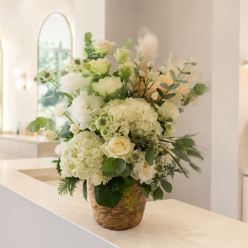 【Lagom Bloom 05】Cozy living　生花のアレンジメント インテリアのようなお花 新築のお祝いや開店のお祝いなど空間のインテリアのように飾ることができるお祝い花です 送料無料 生花 アレンジメント 誕生日 花 ギフト 送料無料 白 お祝いアレンジメント 御祝 記念日 開店御祝い 自宅用 お供え フラワーギフト 展示会 楽屋花 受付 おしゃれ 母の日 敬老の日 お中元 お歳暮