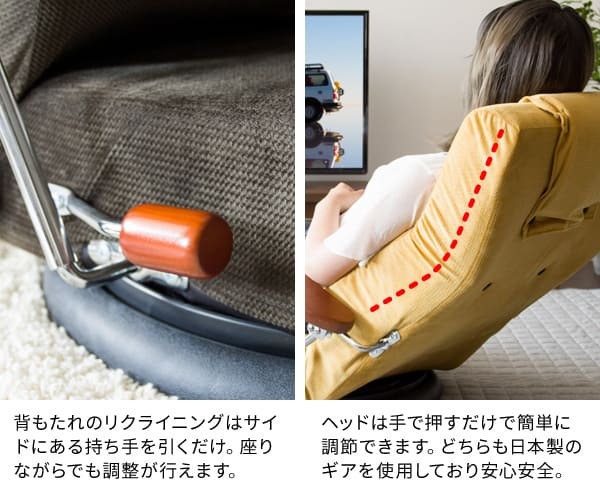 座椅子 肘掛け イス チェア 一人用 リクライニング 日本製 リクライニングチェア ハイバック おしゃれ コンパクト フロア ー 回転座椅 リクライニング13段 ヘッド5段 お年寄り 国産 腰をいたわる 座面高17~22cm 13段階リクライニング 長時