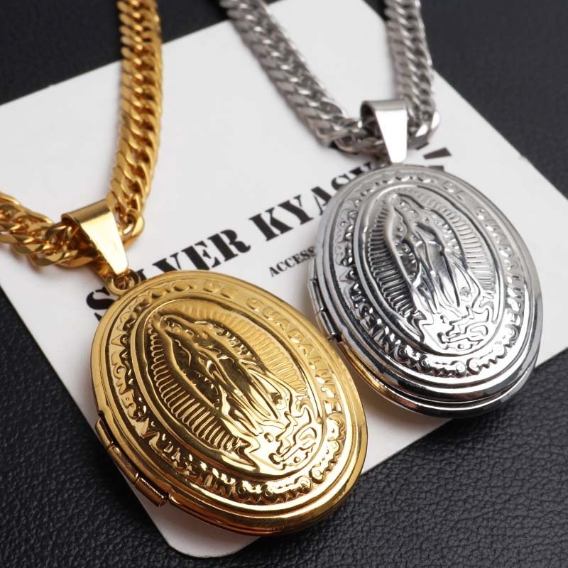 ステンレス ロケットネックレス HIPHOP ダブル喜平チェーンネックレス ロケットペンダント マリアネックレス 写真 記念 思い出 50cm 60cm ゴールドネックレス 18KGP シルバー 6面カット 聖母 メンズ 男性 金属アレルギー対応