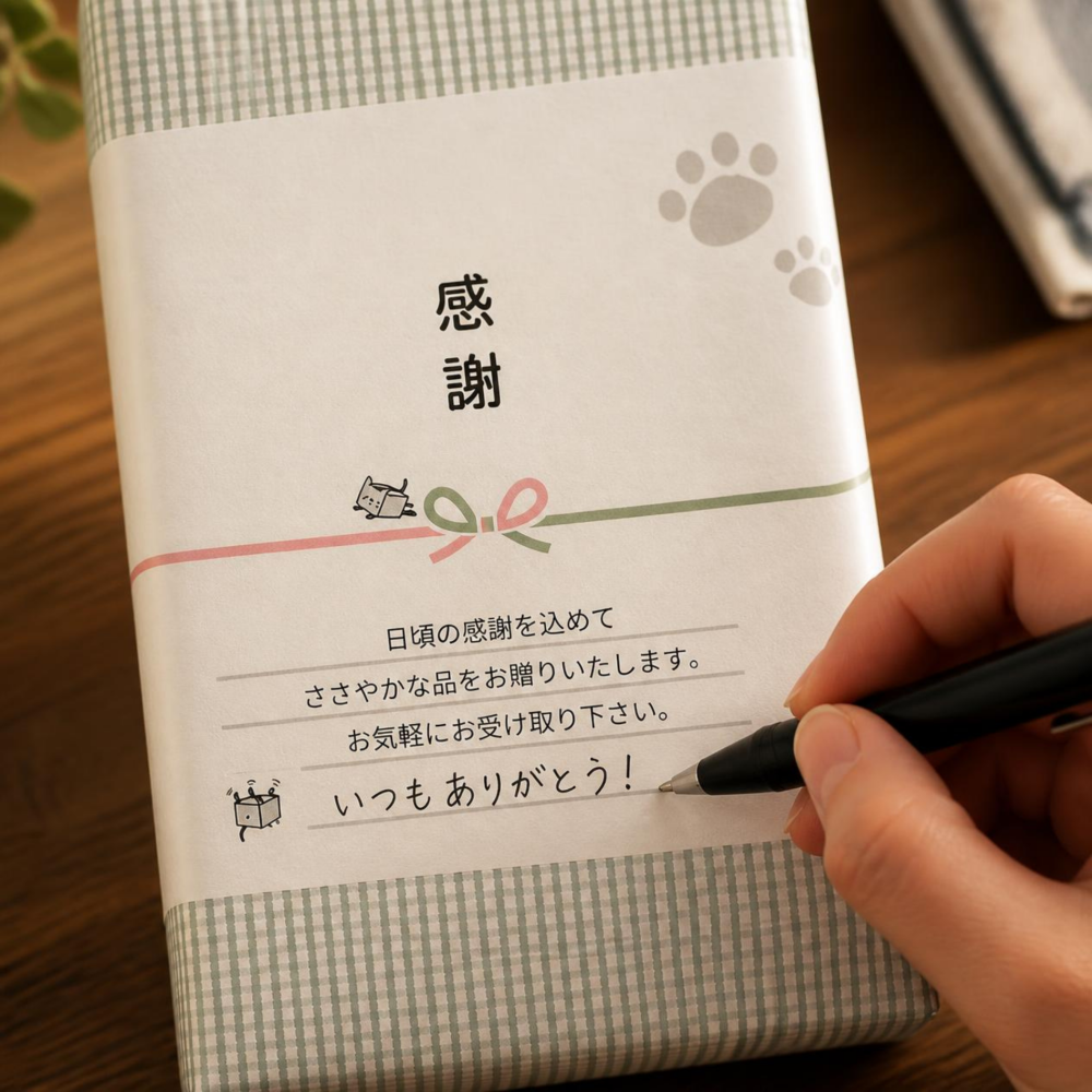 【のし風デザインネコ柄包装済×5箱】「感謝」を伝える万能ギフト ライオン チャーミーマジカ2本＆専用ドアノブ袋セット 心を届ける手書きスペース付き