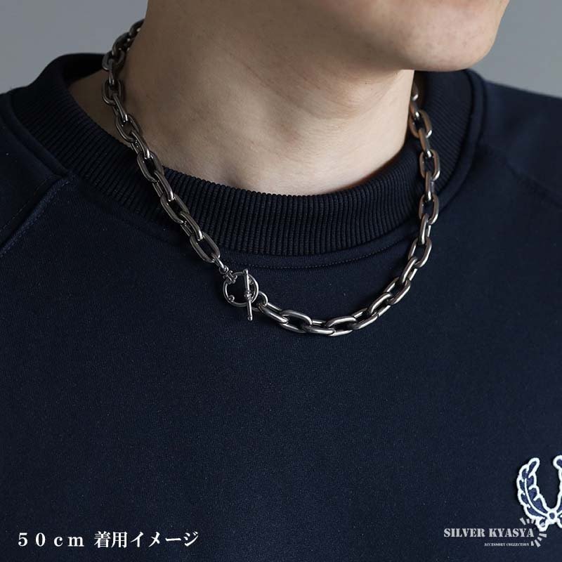 チタン製 軽い あずきチェーンネックレス 長小豆 マンテルネックレス チタンネックレス 幅10mm シルバー 燻し風加工 つけっぱなし メンズ 男性 金属アレルギー対応